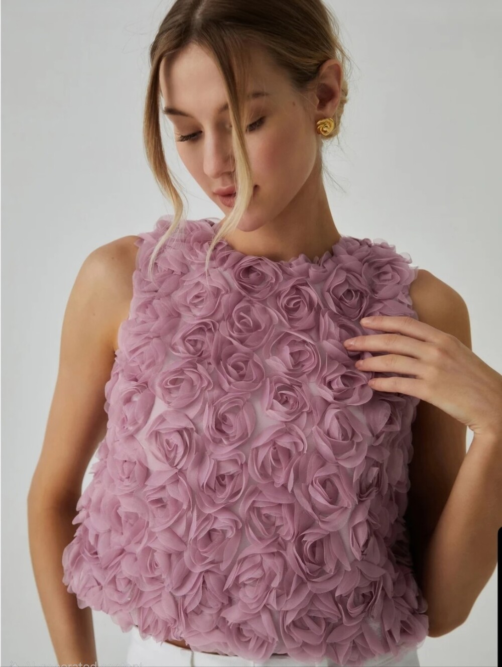 Commense Romantic Multi Floral Chiffon Rosettes Sleeveless Top Dusty Pink L NWT